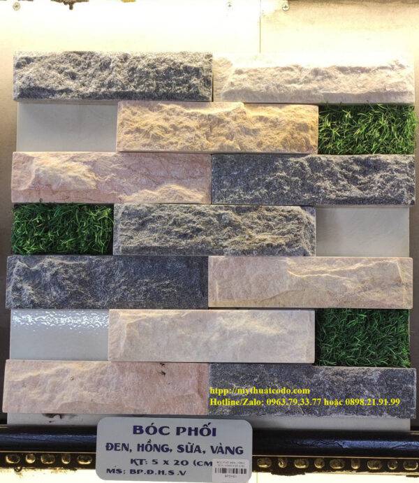Đá bóc phối Hồng Sữa Vàng Đen 5x20cm
